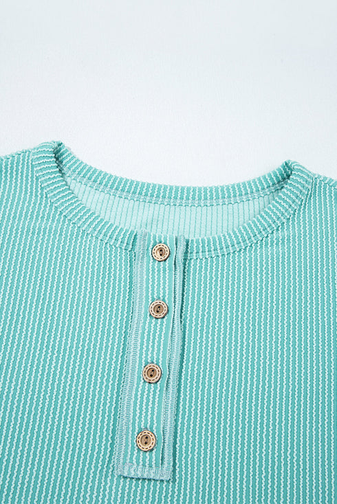 Button Henley Patchwork Textured Knit Balloon Sleeve Top Longline Casual